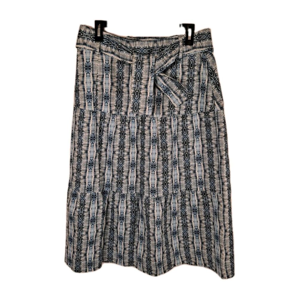 Marie Oliver Women's Patterened Tiered Midi Skirt Size 8 Blue Lined Belted